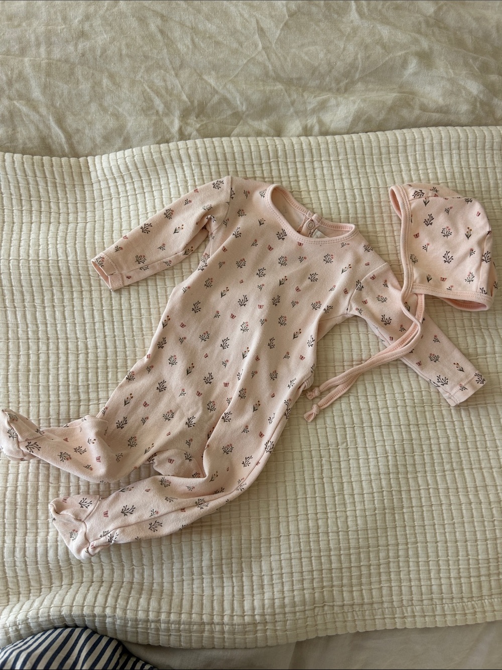 Baby Pink Floral Footed One-Piece with Matching Bonnet